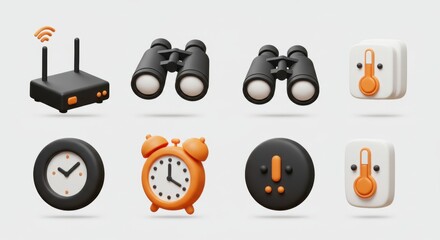 Isometric Icons: Router, Binoculars, Clock, Thermostat
