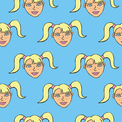 Vector Seamless pattern with cartoon face girl or woman with two ponytails. Hand drawn heads of kids people in doodle style. Childish, girlish fun cute texture backdrop.