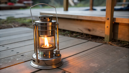 A portable camping stove with a flame burning inside. The stove is made of metal and has a handle. It is sitting on a flat surface.