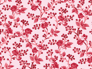 A seamless floral pattern featuring elegant rose vines and berry-like clusters in romantic shades of red and pink over a blush pink background