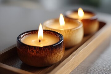 Three burning candles in small, wooden bowls.