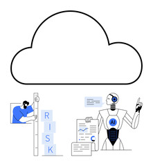 Human stacking blocks labeled risk and robot labeled AI analyzing charts under a cloud. Ideal for technology, AI, data analysis, risk assessment, human-AI interaction, cloud computing, simple landing