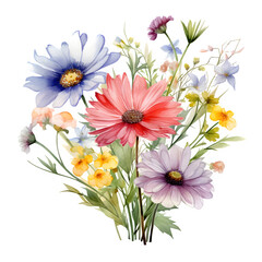 watercolor wildflower bouquet on transparent background, elegant spring flowers png, wedding invitation floral, botanical watercolor art,beautiful wildflower arrangement, painted floral illustration