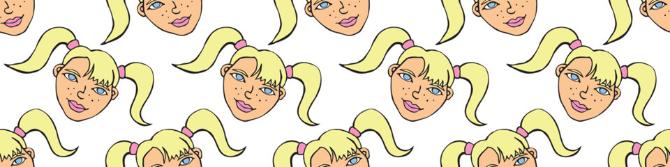 Vector Seamless pattern with cartoon face girl or woman with two ponytails. Hand drawn heads of kids people in doodle style. Childish, girlish fun cute texture backdrop.