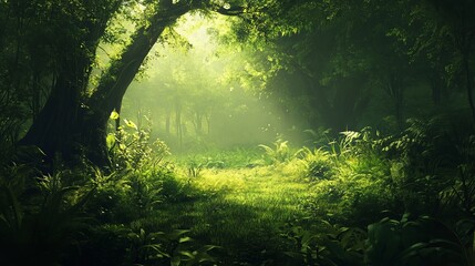 Serene lush green forest sunlight beams magical nature scene art path view calm trees woods grass