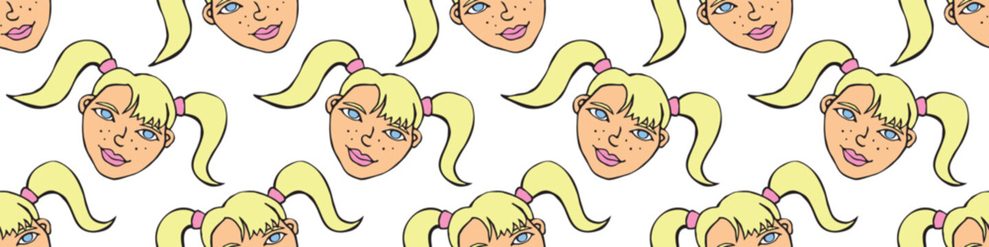 Vector Seamless pattern with cartoon face girl or woman with two ponytails. Hand drawn heads of kids people in doodle style. Childish, girlish fun cute texture backdrop.