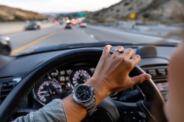 Naklejka premium A close-up of a driver's hand gripping the steering wheel while driving through a busy urban road, illustrating motion, focus, and the excitement of the road awaiting ahead.