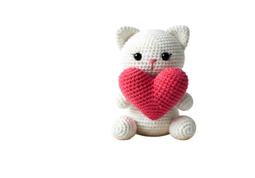 Adorable Crochet Kitten Holding Heart Valentine Toy on Transparent background - Powered by Adobe