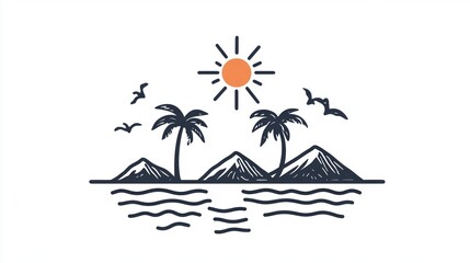 Tropical Island Scene, Outline Graphic, Summer Day, Minimalist Design, Digital Art, Background image, Use for Print Design or Web