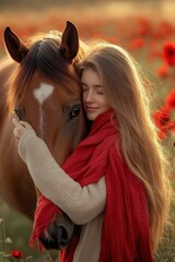 Girl embracing horse in flower field during sunset, portrait of young woman with long hair wearing scarf, connection with nature and animals, love and care.