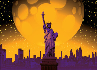 Vector banner with American Statue of Liberty against the background of New York skyscrapers silhouettes at night, full moon and starry sky. T-shirt design, poster, travel brochure, flyer. No AI used © paseven