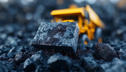 Dark cube amidst coal pile, vehicle blurred background