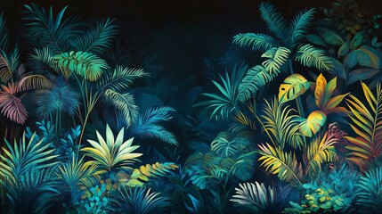 Vibrant tropical rainforest lush green leaves dark background exotic plants art palm teal blue gold