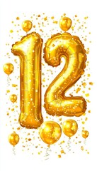 Fototapeta premium Golden Number 12 Balloon with Festive Balloons and Confetti for 12th Birthday Celebration