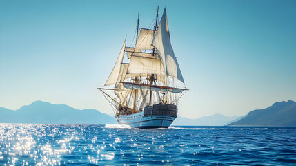 Obraz premium Majestic sailing ship on serene ocean with mountain background under clear blue sky