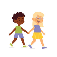 Smiling international kids walking best friend and feel happy. Kids friendship concept. Vector illustration cartoon flat style.