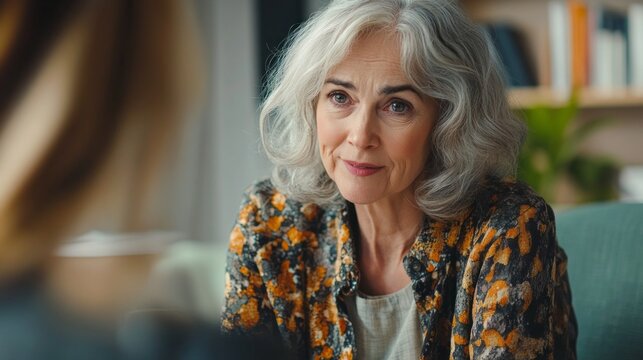 An elderly female psychologist engages with a client in a warm, inviting therapy office, fostering an environment of understanding and support. The session takes place in the afternoon light