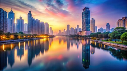 Obraz premium Serene Urban Waterscape at Dawn Skyscrapers Mirrored in Calm River, Illuminated by Soft Sunrise Light