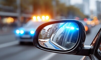 Car side mirror reflecting police car with flashing lights on city street. Possible use Stock photo for news articles, accident reports, or crime scene imagery