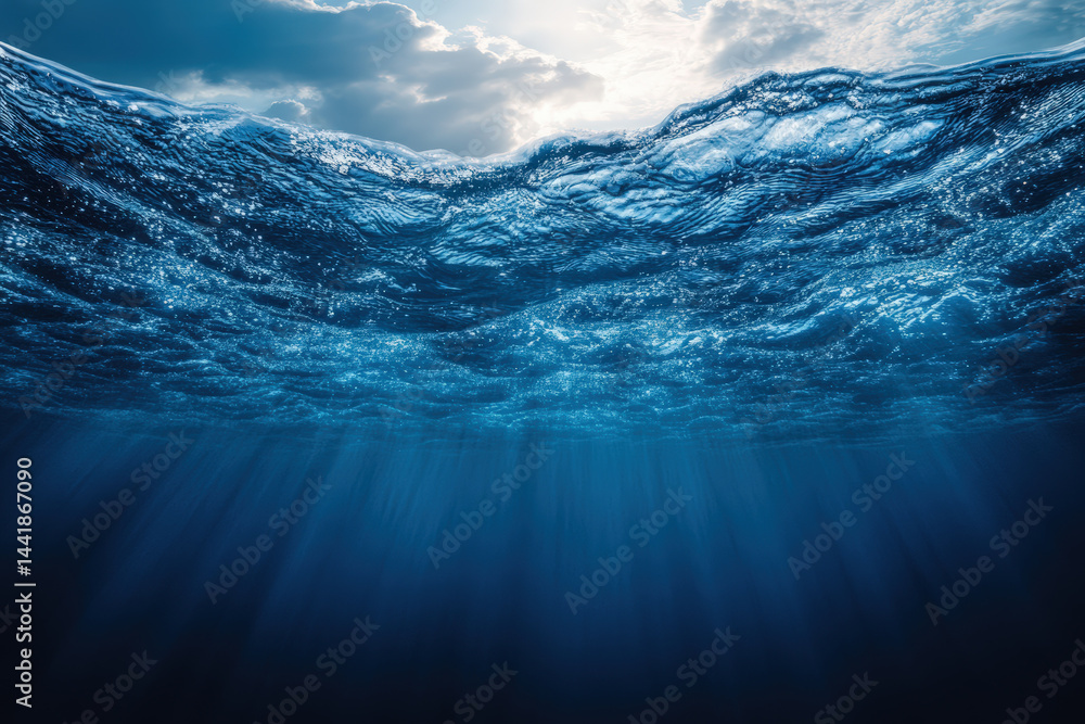 Poster underwater view with sunlight reflection. an underwater view showcasing the surface of the ocean wit