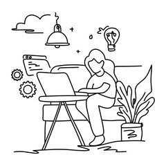 Woman Web Designer Concept. Working remotely on website development. Simple line drawing. Perfect for startup, online business. Productive, independent feel