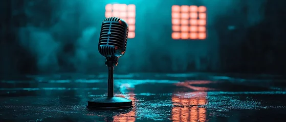 Vintage microphone on a dark stage with moody lighting © Al