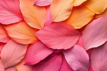 Colorful Leaves: Abstract Nature Design. A collection of colorful leaves in shades of pink and orange creating a vibrant and warm abstract composition.