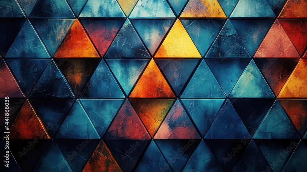 Poster wall adorned with multiple colorful triangles creating an engaging geometric pattern that reflects c