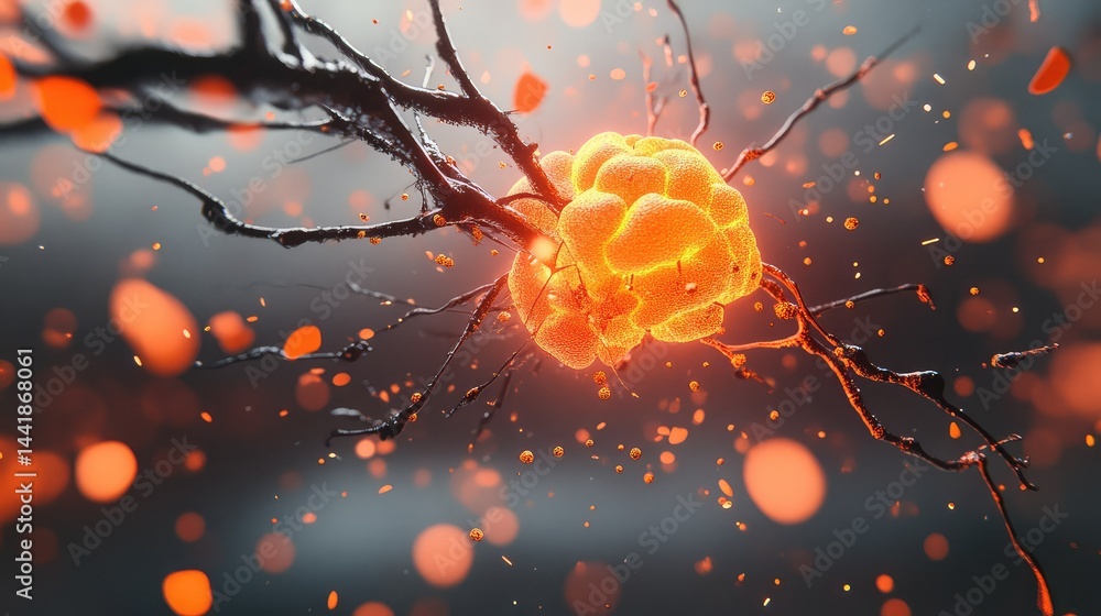 Poster abstract neuron web in vibrant orange, stretching across dark neural field