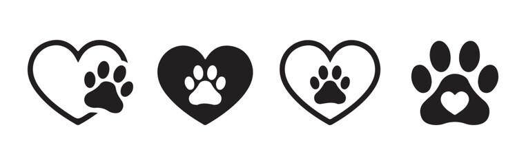 Paw icon collection. footprints Pet paw, Heart with pet paw print dog cat icon, vector illustration Eps 10