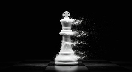 Dissolving Chess King on Chessboard in Dark Setting