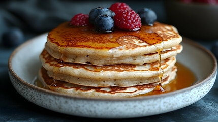 Delicious stack of golden pancakes drizzled with maple syrup and topped with fresh raspberries and blueberries.  A tempting breakfast or brunch treat.