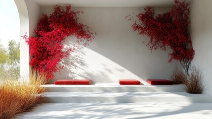 Serene Minimalist Patio with Red Bougainvillea and Cushions