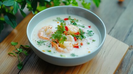 Freshly served shrimp coconut soup with herbs and chili on wooden table