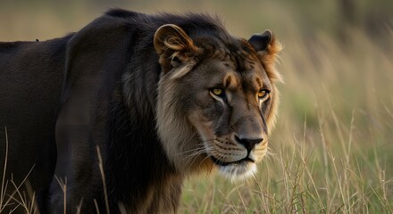 Fototapeta premium Lion Looking Ahead in Grassland Wildlife Portrait