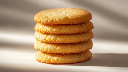 Stack of golden cookies on white surface with light and shadow background