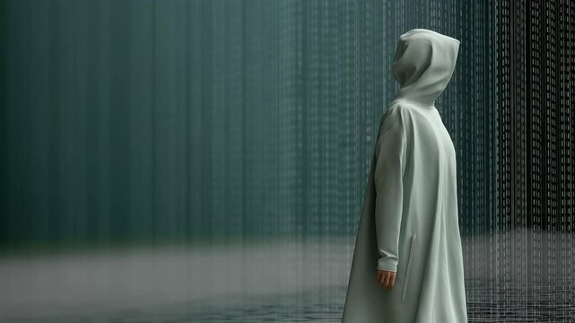 A hooded figure in a digital landscape of binary rain