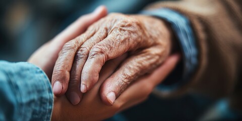 Parkinson disease patient, Alzheimer elderly senior, Arthritis person's hand in support of geriatric doctor or nursing caregiver, for disability awareness day, ageing society care service