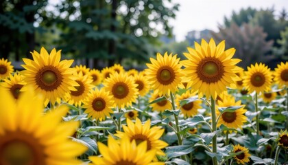 Obraz premium Sunflowers blooming in a sunny field with greenery around.
