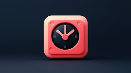 Modern, 3D rendered clock icon.  A stylish, square, coral-colored clock face in a dark background