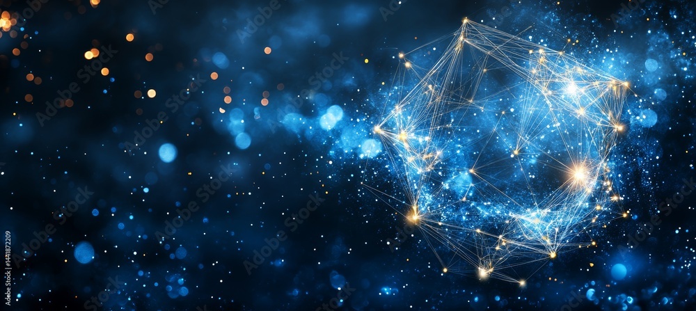 Aufkleber abstract geometric sphere in blue glowing space with sparkling bokeh effect and network connections