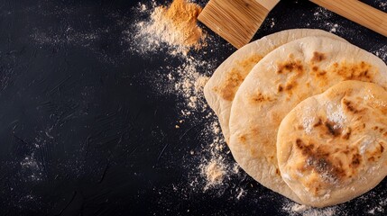 Three freshly baked pita breads are artistically arranged on a dark surface dusted with flour, alongside a wooden brush creating a rustic, culinary still life.
