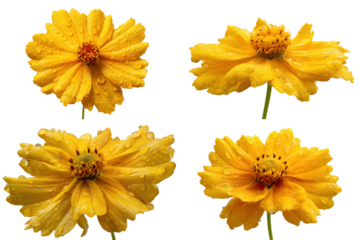 Coreopsis Petals, Yellow, Raindrops, White Background