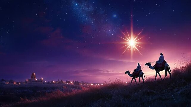 Two figures on camels under a starry night sky, evoking adventure.