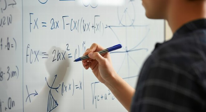 Young asian male solving mathematical equations on whiteboard