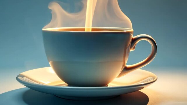 Aromatic steam rises from a hot beverage in a white cup on a saucer