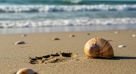 Seashell on Sandy Beach with Ocean Waves in Background