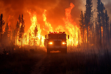 Wildfire Response: Firetruck Battling Intense Forest Blaze at Sunset