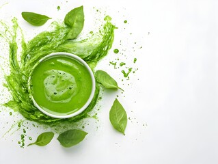 Obraz premium Fresh vibrant green spinach smoothie in a white bowl splashed with vibrant green liquid and fresh spinach leaves on white background.