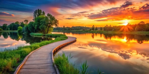 Serene Sunset Vista A Curving Wooden Pathway Beside a Calm Lake at Dusk, Reflecting the Vibrant Colors of the Sky